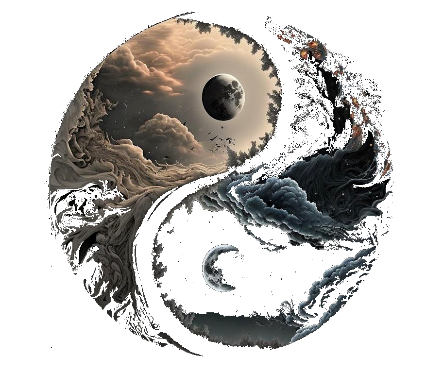 World Yin Yang symbol white clouds dark black clouds and moon