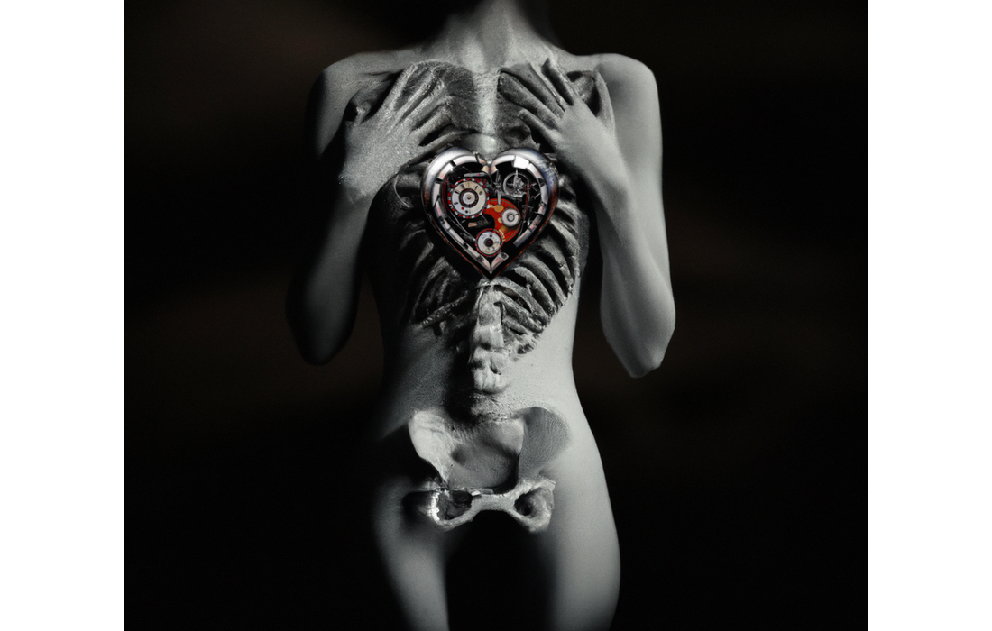 Mechanical heart within half human half skeleton body.